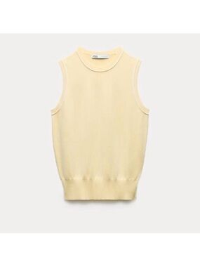 Zara Pale Yellow Sleeveless Knit Top with White Trim